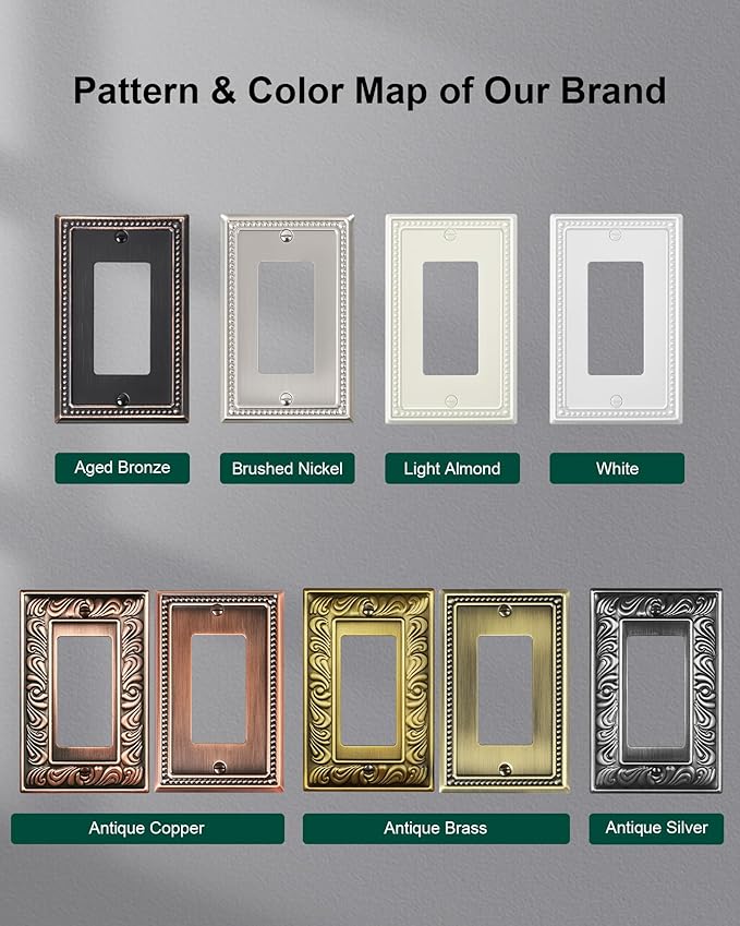 6-Pack Decorator Outlet Cover Plate, Decorative Switch Plates and Outlet Covers, Brushed Nickel Metal Wall Plates for Electrical Outlets, Receptacle, GFCI Outlet, Dimmer Switch