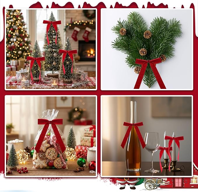 Riceshoot Velvet Bow Napkin Rings Bows with Gold Semicircle Metal Napkin Ring Velvet Bow Holder for Wine Bottles Table Settings Candlestick Wedding Valentine's Day Dinner(Claret Red,6 Pcs)