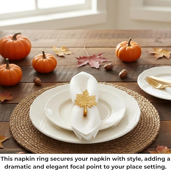 CLEENTABLE Maple Leaf Napkin Rings - Set of 12 Handcrafted Aluminum Napkin Holders for Cloth & Paper Napkins, Elegant Table Décor for Wedding Receptions Thanksgiving Christmas Holiday Parties (Gold)