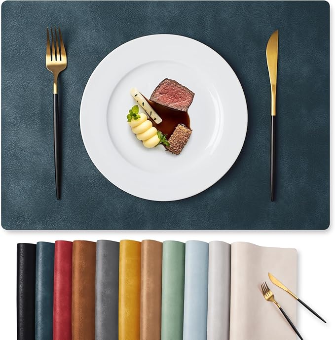 MOSAYT Vinyl Placemats Set of 6-12 X 17 Inch - Faux Leather 100% Waterproof Oil-Proof Wipeable PU Place Mats, Heat Resistant Reversible Table Mats for Kitchen, Dining, Outdoor (Navy Blue)
