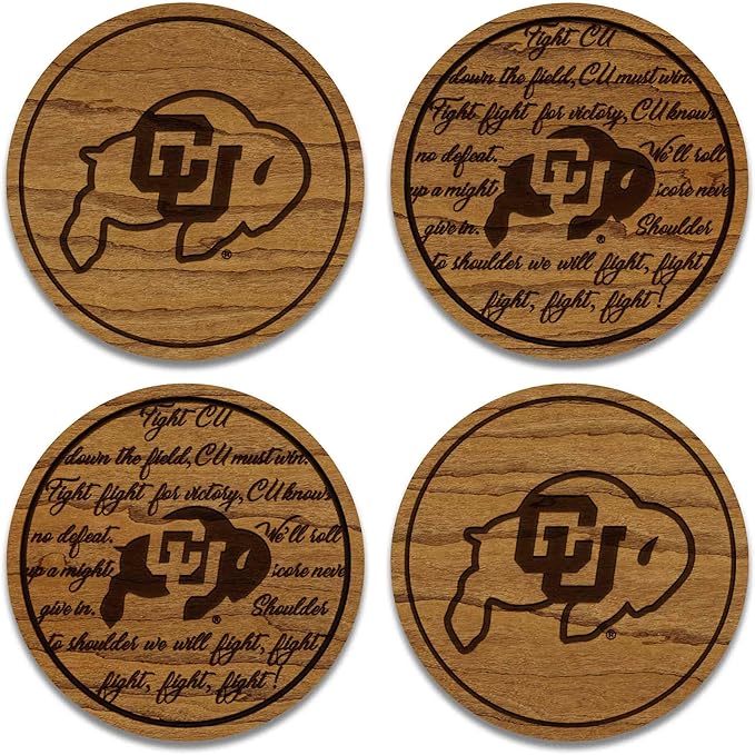 LazerEdge Colorado Buffaloes Wooden Coaster Set - Cherry Wood - Officially Licensed Product - 4-Pack