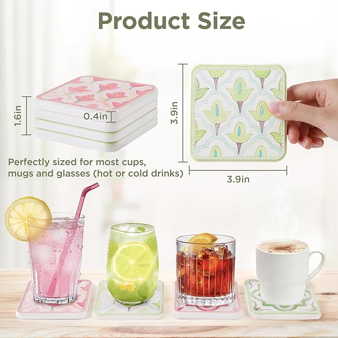 Coasters Set of 4, Square Drink Coasters Absorbent Heat Resistant Diatomite Coaster Cup Mats Vintage Home Decor for Coffee Table Desktop Protection (C, 3.9" x 3.9", 4pcs)