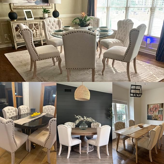 chairus Tufted Parsons Dining Chairs Set of 8, French Country Upholstered Dining Room Chairs with Nailhead Trim & Curved Wood Legs, Farmhouse High Back Armless Side Kitchen Chairs, Beige Linen