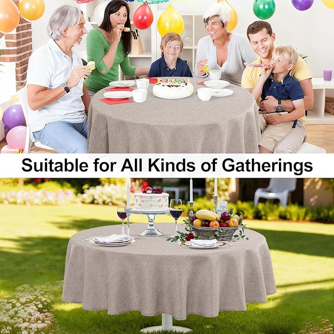 JIUZHEN Round Table Cloth Faux Linen Farmhouse Tablecloth Wrinkle and Stain Resistant Decorative Fabric Table Cover for Kitchen, Dining Room, Parties and Camping, Stone, 70 Inch Round