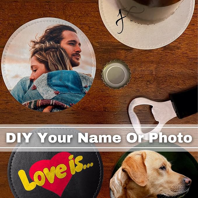 Custom Leather Coasters Set of 6 with Holder, Personalized Coasters with Logo Photo Text,Customized Coaster for Coffee Table Bar Wine Cup Kitchen Desktop Decor (Style 1)