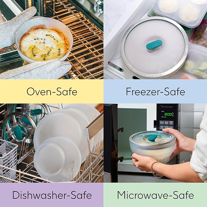 Anyday 5.5-Cup Square Glass Food Storage with Glass Lid | Plastic-Free Meal Prep & Microwave Cookware | Stackable Airtight Storage Container with Vented Lid for Microwave-Safe Reheating