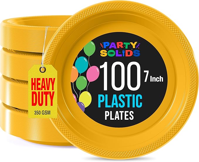 Yellow Plastic Plates For Party 7" Yellow Disposable Plates Heavy Duty 100 Pcs Plastic Dinnerware Sets Heavy Duty 350 GSM Disposable Dinnerware Set