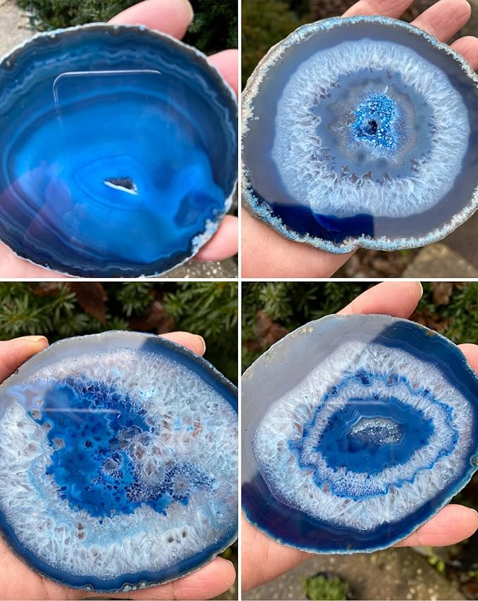 AMOYSTONE Blue Agate Coasters Set of 4, 3.5-4 Inch Polished Gemstone Coasters with Rubber Bumpers, Elegant Wedding Gift for Couples, Home Bar Decor