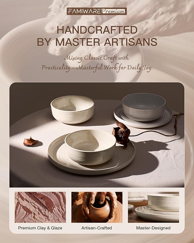Stoneware Dinnerware Sets, Plate and Bowl Sets for 4, 12 Pieces Spiral Flared Dishware with Speckles and Reactive Glaze, Microwave Dishwasher Safe Family Tableware, Shell Beige