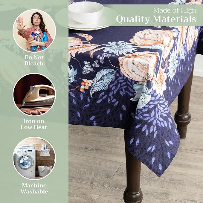 Maison d' Hermine Table Cloth Rectangle Table 100% Cotton 60 x 90 Inches Fall Tablecloth Reusable Everyday Use for Thanksgiving Christmas Decorations Dining Farmhouse Party (Pumpkin Blues)