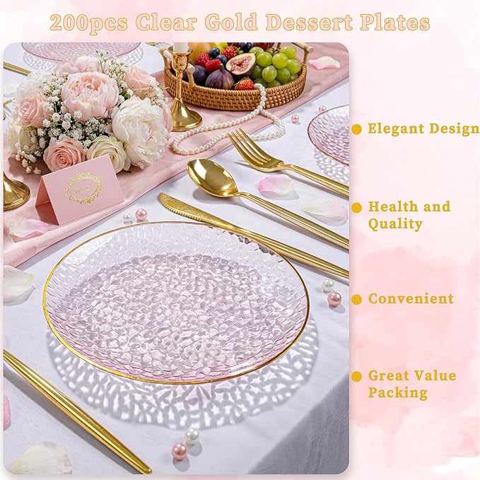 Rubtlamp 200Pcs Plastic Pink Dessert Plates with Disposable Gold Forks,Heavy Duty Pink Hammered Salad Platos, Gold Small Platos,Fancy Appetizer Plates for Mother's Day