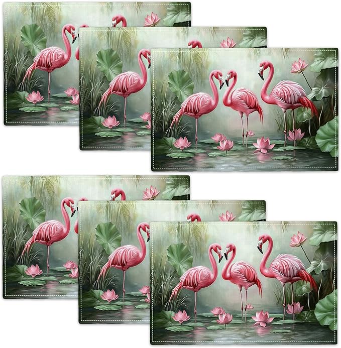 Flamingo Placemats Set of 6, Flamingo Tropical Flowers Place Mats, Wildlife Waterproof Washable Table Mats for Home Party Indoor Kitchen Dining Table Decoration 12x18 Inch