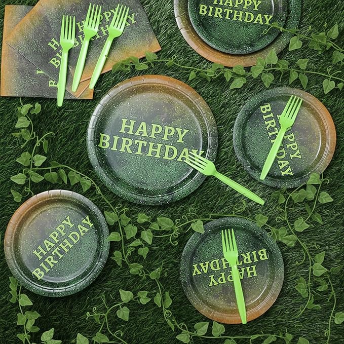 Yungyan 24 Sets Green Moss Pattern Disposable Paper Plates and Napkins Forks Plants Nature Green Ogre Themed Birthday Party Tableware Set Dinnerware for Women Men