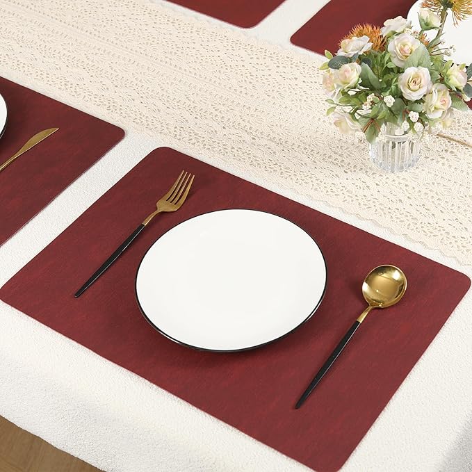 Red Reversible Faux Leather Placemats – Set of 6 Waterproof, Heat-Resistant & Easy-to-Clean Table Mats for Modern Dining