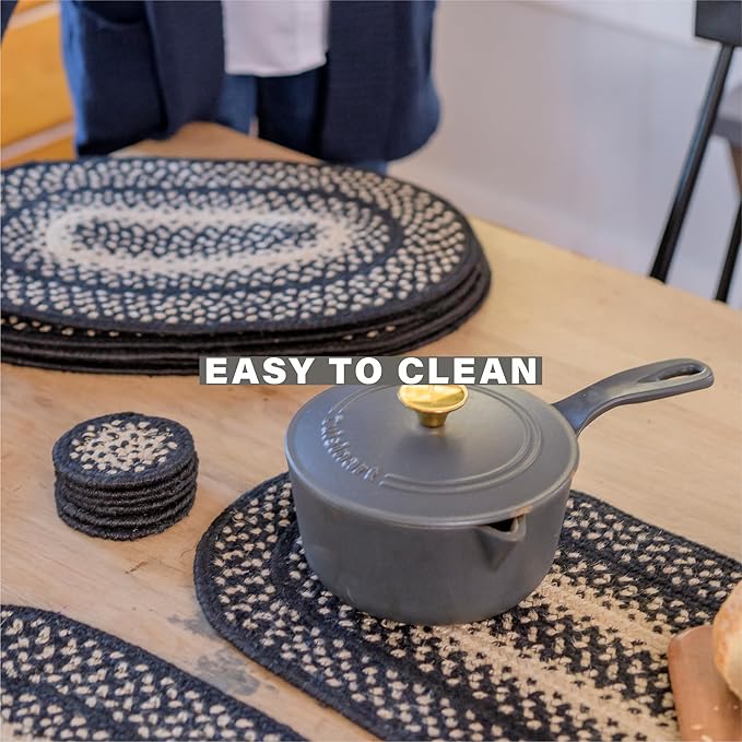 Homespice Manchester Jute Braided Table Runner Set of 2-8x28, Oval, Black & Tan - Rich Colors, Easy to Clean, Durable and Protects Furniture