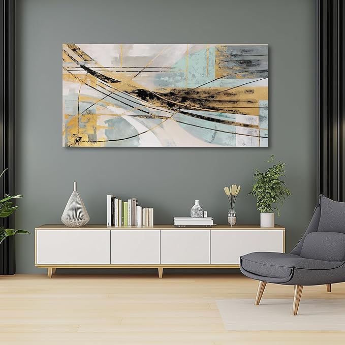 Abstract Wall Art Framed Wall Decor Modern Canvas Abstract Wall Art Black-Gold and Blue Grey Abstract Artwork for Living Room Bedroom Dining Room Home Office Decor 20"x40"