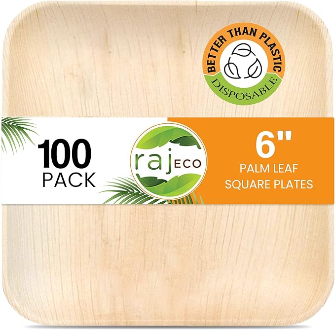 Raj Palm Leaf Plates [100-Pack] 6" Square Plates like Bamboo plates Disposable, Strong, Decorative Compostable Tableware for wedding, Lunch, Dinner, Birthday, Camping, Outdoor BBQ, Picnic