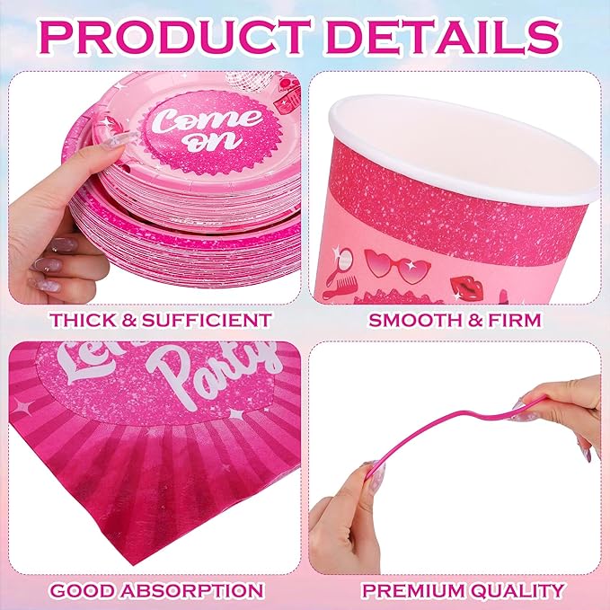 Kochorie 400 Pieces Let's Go Girls Party Tableware Sets Including Disposable Paper Plates Cups Napkins Cutlery Serves 50 for Birthday Disco Pink Cowgirl Bachelorette Party Decorations
