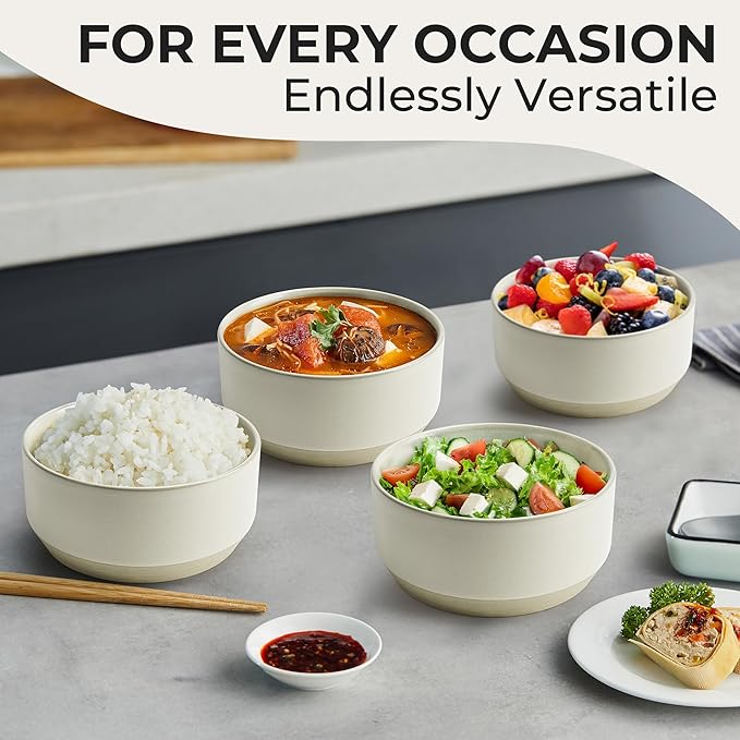 MIAMIO – Bowl Set of 4 / Ceramic Bowl Set (30 oz) for Pasta, Ramen, Cereal, Salad – Dishwasher and Microwave Safe – Sierra Collection (Light, Bowls (4x))