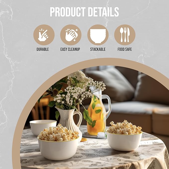 Trendables 24 oz Plastic Bowls Set - Fancy Serving Bowls - Perfect for Ice Cream, Salad, Candy - Disposable (10, Cream Gold Rimmed)