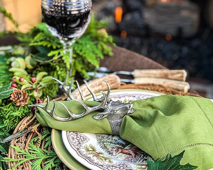 Vagabond House Handcrafted Elk Head Napkin Ring - Pewter Napkin Rings for Antler Dinnerware, Deer Napkin Rings - Ideal for Cabin Lodge Mountain Settings (Sold as Single Ring)