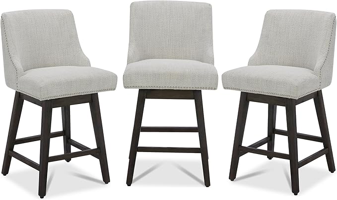 CHITA Counter Height Swivel Bar Stools Set of 3, FSC Certified Upholstered Counter Stools, Modern Swivel Barstools with Wood Legs for Kitchen Island, 26" Seat Height, Fabric in Ivory