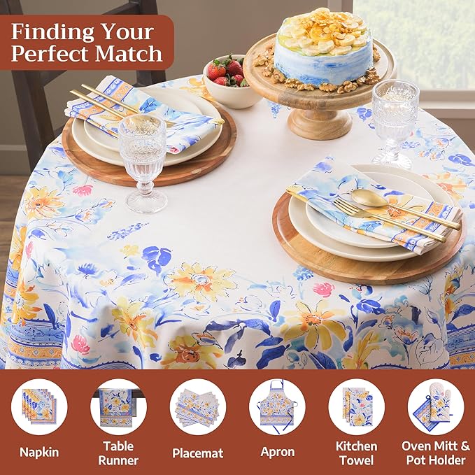 Maison d' Hermine Table Cloth Round Table 100% Cotton 63 Round Inches Tablecloth Reusable Decorative for Dining Room Farmhouse Home Valentines Day Decorations Spring Summer - Girassol