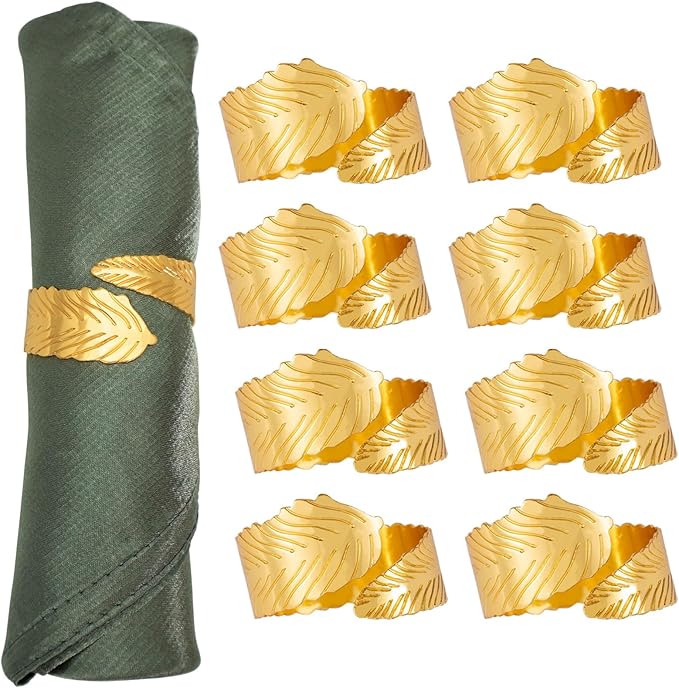 Gold Leaf Napkin Rings Set of 8, Metal Leaves Napkin Ring