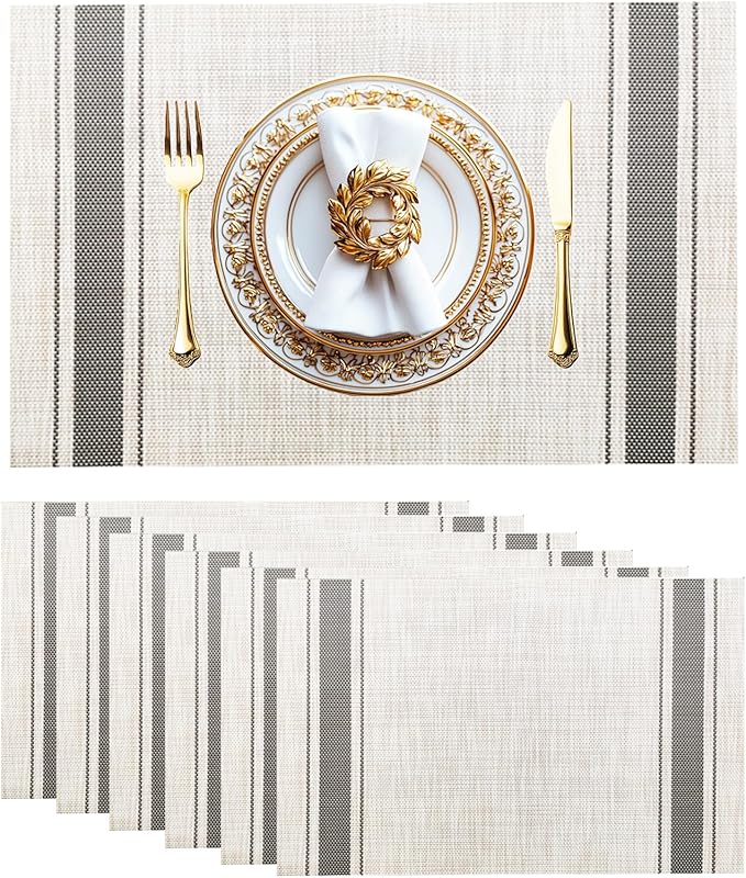 Placemats Set of 6 Vinyl Washable Placemats, 18"x12" Wipeable Heat-Resistant Non-Slip Easy Clean Table Mats Ideal for Dining Table Table Runner and Outdoor (6, Grey Wide Stripe)