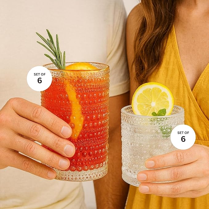 Khen Vintage Hobnail Drinking Glasses Set of 12, 13oz Highball Glasses & 10 oz Lowball Tumblers, Kitchen Water Glasses Cup, Bar Water, Juice, Cocktails Beer, Milk Indoor/Outdoor Bar & Party Drinkware
