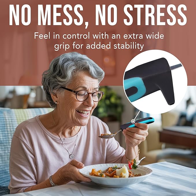BUNMO Adaptive Utensils for Elderly, Arthritis, Weak Hand Grip, Tremors & Handicapped - Convenient Travel Pouch - 3.35oz Lightweight - Stainless Steel - Eat Independently - Adaptive Blue 4 Piece Set