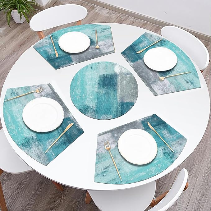 SHACOS Small Round Table Placemats Set of 5 Woven Vinyl Wedge Placemats with Centerpiece Round Table Mats Wipe Clean, Turquoise Grey Abstract Painting