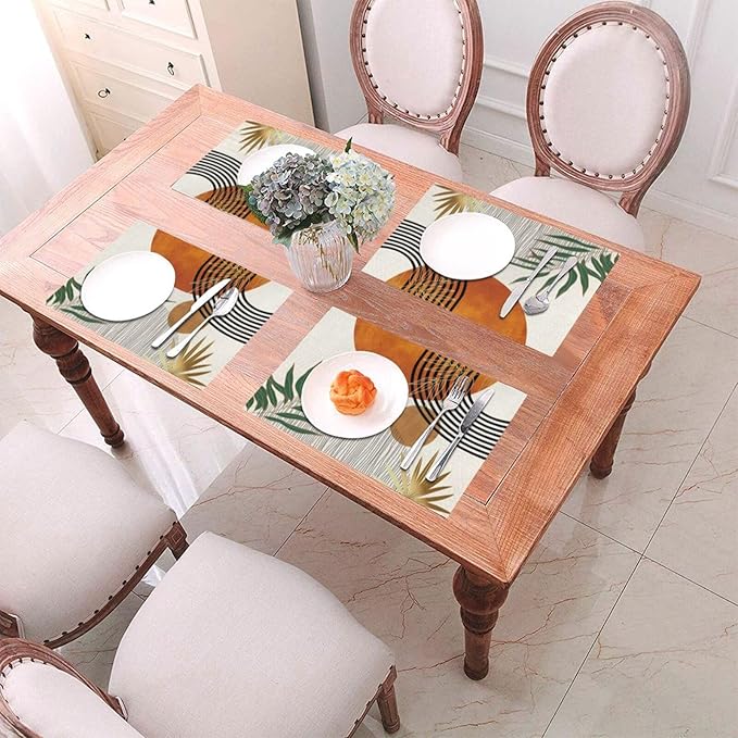 Mid Century Placemats 12x18 Inches Set of 4, Modern Boho Green Orange Tropical Leaf Decorative Rectangle Table Mats for Party, Home Kitchen,Dining Table Decoration