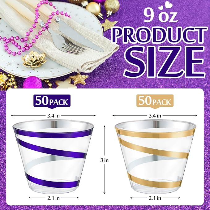 Gejoy 9 oz Rimmed Swirl Plastic Cups Disposable Wine Drinking Cups Clear Elegant Halloween Tumblers for Christmas Party Supplies(Purple, Gold,100 Pcs)