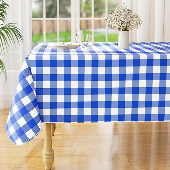 misaya Rectangle Waterproof Vinyl Table Cloth, Buffalo Flannel Backed Tablecloth, Wipeable Plastic Table Cover for Seaside, Picnic, Outdoor (54" x 78", White and Blue)