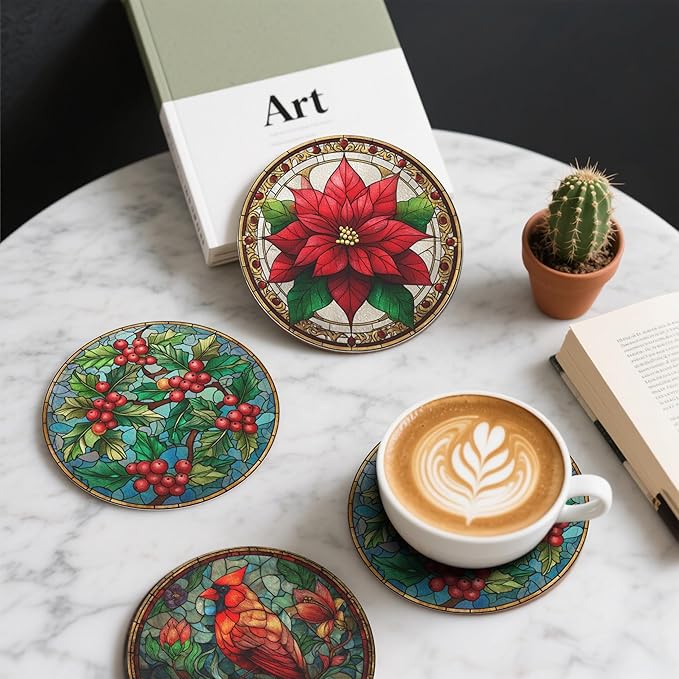 Christmas Bird Coasters Leather Round Drink Coasters 6 Pcs Set with Holderor for Cup Drink Coffee Table Bar Home Decor