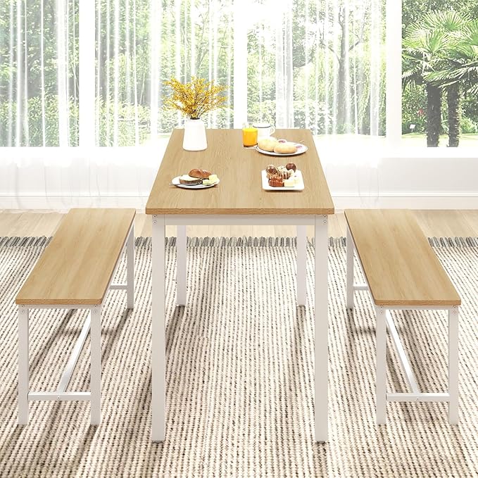 Rovibek Dining Table Set for 4 with 2 Benches – Space-Saving Kitchen Table Set for Kitchen & Dining Room, White