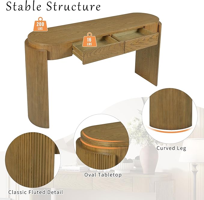 Merax 55" Entryway Table with Oval Top and 2 Drawers, Natural Wood Grain Finish Console Table with Fluted Design for Entryway and Living Room (Pine Wood)