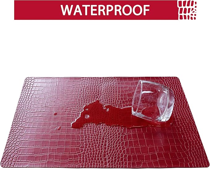 Jovono Faux Leather Placemats Set of 8, Waterproof Heat Resistant Dinner Place Mats for Dining Table, Non-Slip Crocodile Embossed, Red (17.8x11.8 Inch)