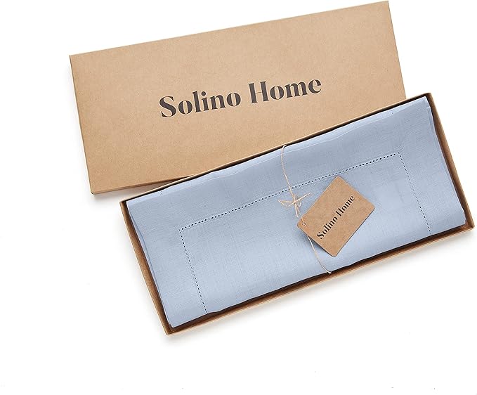 Solino Home Linen Sky Blue Table Runner 72 Inches Long - 100% Pure Linen Hemstitch Table Runner 14 x 72 Inch for Dresser, Dining, Spring, Easter - Classic Hemstitch