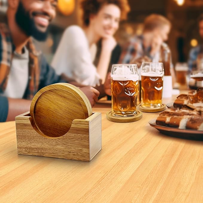 Acacia Wood Coaster Set of 4 with Holder, Non-Slip Heat-Resistant Wooden Coasters, Modern Decorative Coasters for Coffee Table, Dining Table & Kitchen Accessories