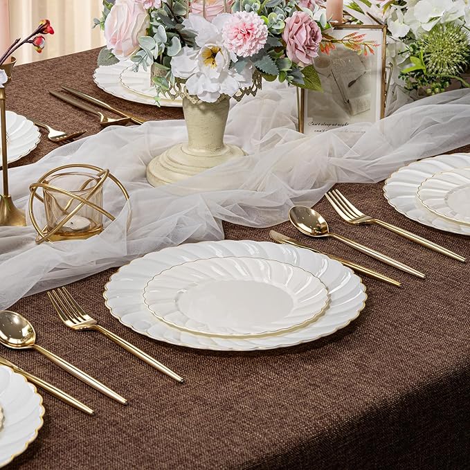 U-QE 60 Pcs Ivory Plastic Plates with Gold Trim – Scalloped Plate Disposable for Party - Elegant Plastic Plates Include 30 10.25" Dinner & 30 7.25" Dessert Plates for Party & Valentines Day