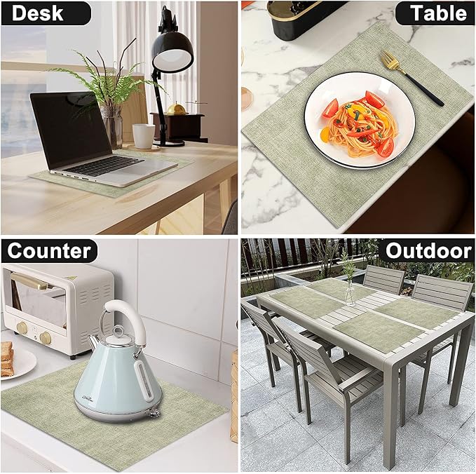 Leather Heat Resistant Placemats Set of 6 Waterproof Wipeable Washable PU Table Mats,Easy to Clean Anti-Slip Place Mats (Light Green, 6)