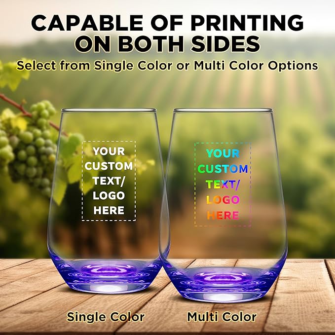 DISCOUNT PROMOS 50 Vaso Silicia Stemless Wine Glasses Set, 16 oz. - Personalized Text, Logo - Clear, Orb-Like, Thick base - Purple