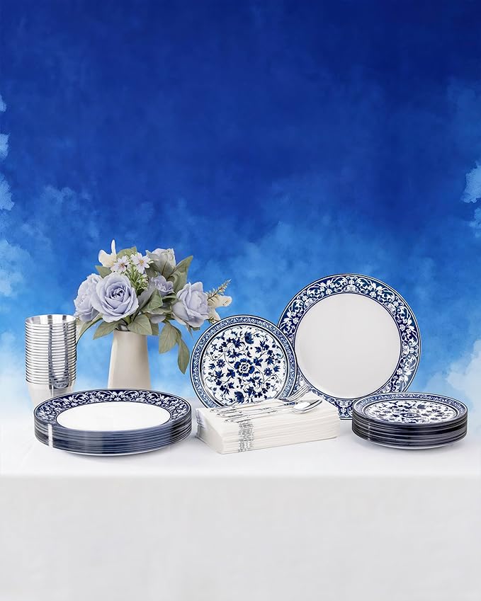 Hioasis 60pcs Blue Plastic Plates Set - Floral Blue & White Porcelain Design, 10.25" Dinner & 7.5" Dessert Plates Disposable for Wedding (Dishwasher Safe, Art Style)
