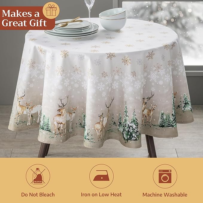 Maison d' Hermine Table Cloth Round Table 100% Cotton 69 Inches Fall Tablecloth Reusable Everyday Use for Thanksgiving Christmas Decorations Dining Farmhouse Party (Deer in The Woods)