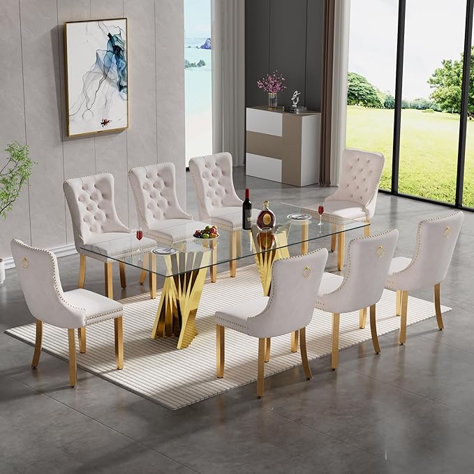 9 Piece Glass Dining Table Set,70" Dinner Room Glass Table Set for 8,Modern Kitchen Dinner Table Set with Stainless Steel Base and 8 Upholstered Velvet Dining Chairs for Living Dining Room