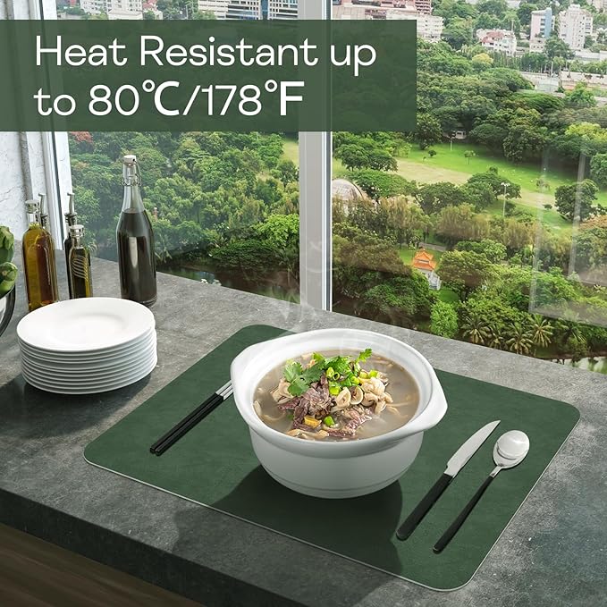 AAPLKER Faux Leather Placemats Set of 6, Vinyl Placemats Wipeable Waterproof Oil-Proof Table Mats, Heat Resistant Place Mats for Kitchen Indoor Outdoor, 16.9 x 11.8 inches (Green/Grey)