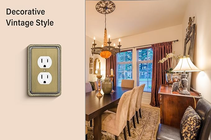 Henne Bery Rope Edge Decorative Wall Plate Switch Plate Outlet Cover (Single Duplex, 2 Pack, Antique Brass)