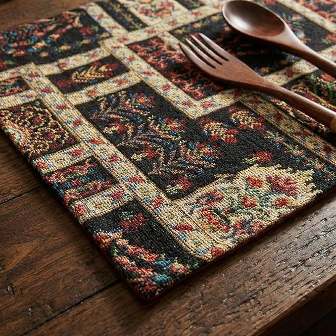 DaDa Bedding Turkish Batik Mughal Floral Tapestry Set of 4 Placemats - Woven Cotton Linen Kitchen Dining Table Mats - Multi-Colorful Black Vintage Indian Garden Ornament Dark Botanical - 13” x 19”